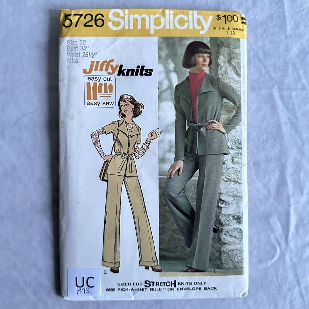 Simplicity Easy Sewing Pattern 5726 Jiffy Knit Unlined Jacket & Pant Size 12